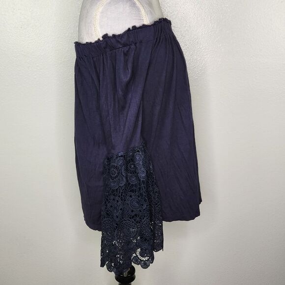 LOFT Navy Blue Lace Trimmed Bell Sleeve Off The Shoulder Blouse Size Medium - Picture 11 of 12